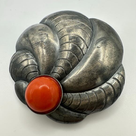 Rare Dinkelsbühl antique vintage German 935 silver red coral brooch pin - Picture 1 of 7